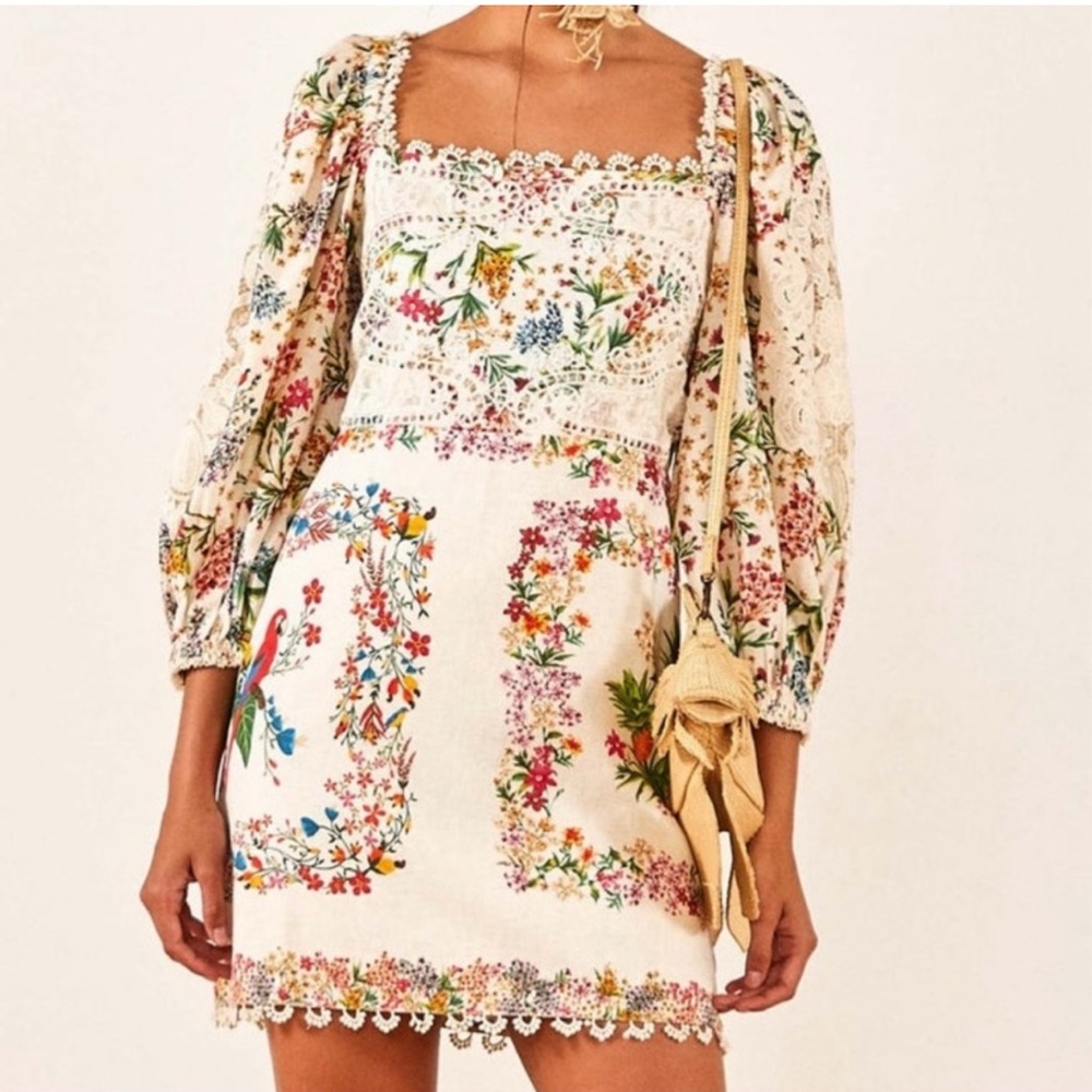 FARM Rio Cream Floral Mini Dress with Multicolor Print - Picture 2 of 7